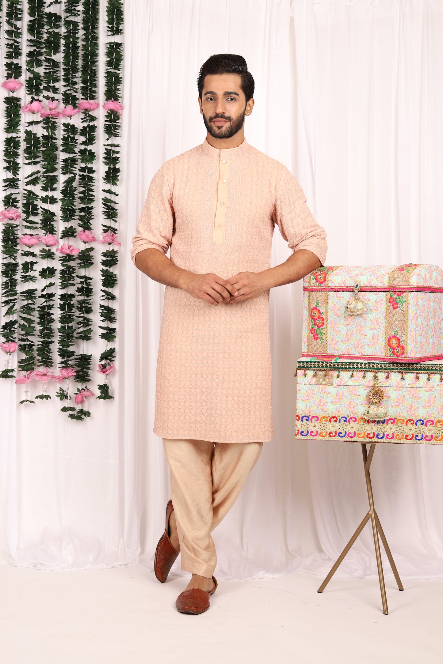 Peach Pure Georgette Chikankari Kurta Set