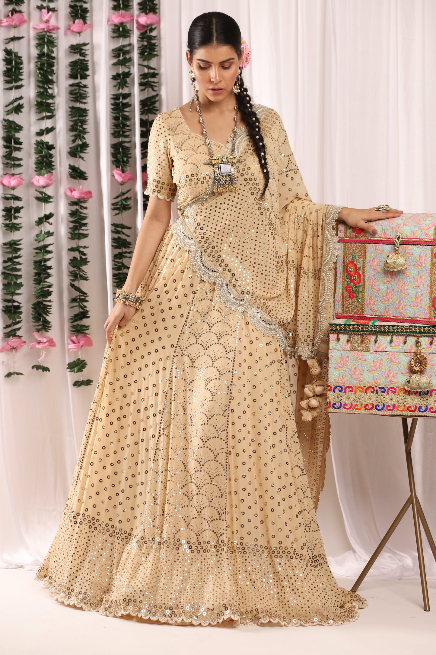 Pure Georgette Pita Work Vanilla Lehenga With Pearl Finish