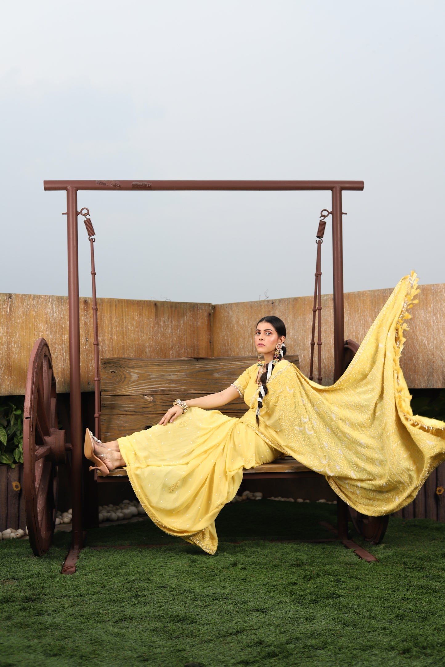 Sunshine Yellow Pure Georgette Pearl Embellished Chikankari Saree
