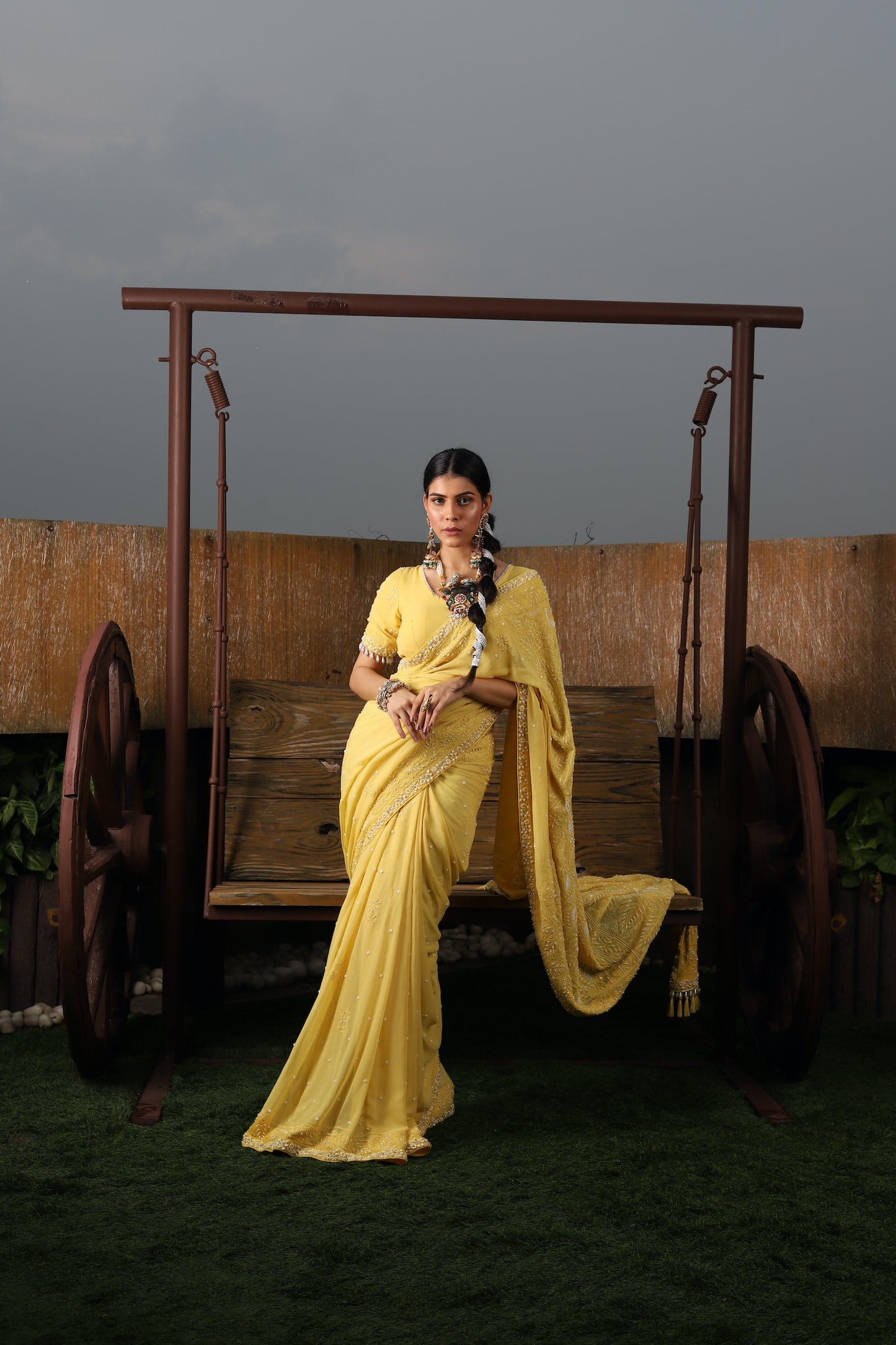 Sunshine Yellow Pure Georgette Pearl Embellished Chikankari Saree