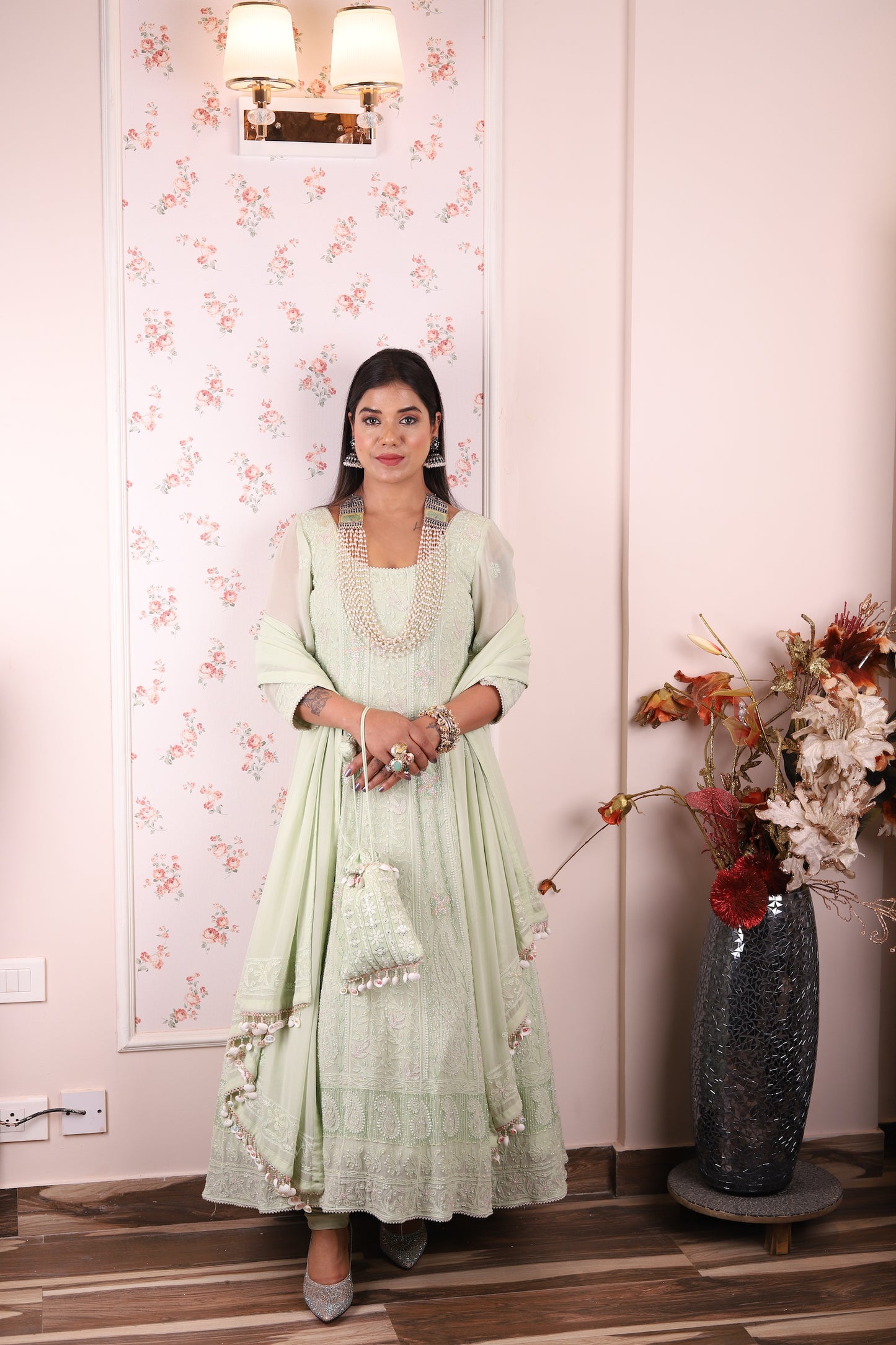 Sea Green Chikankari Anarkali Fully Embellished Gown