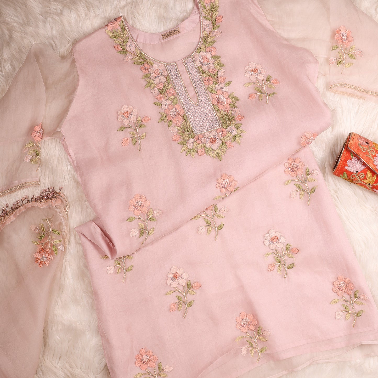 Pale Pink Organza Parsi Gara Chikankari Suit