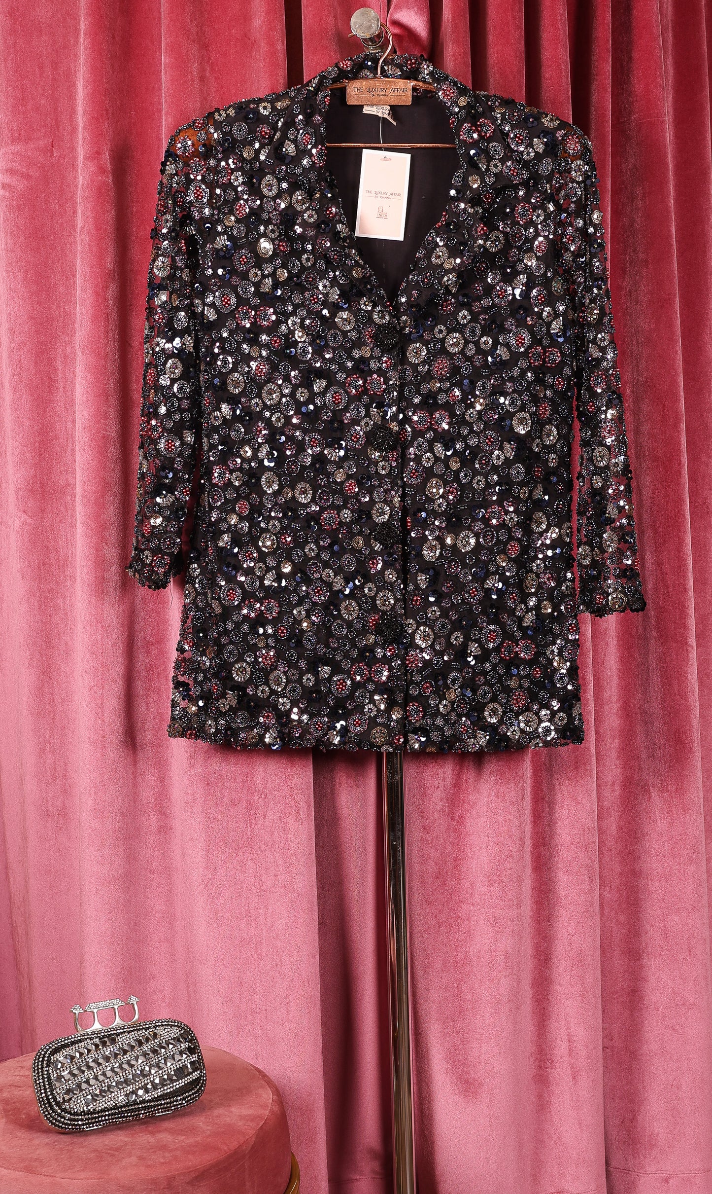 Black and Multistone Coat with Flared Pants