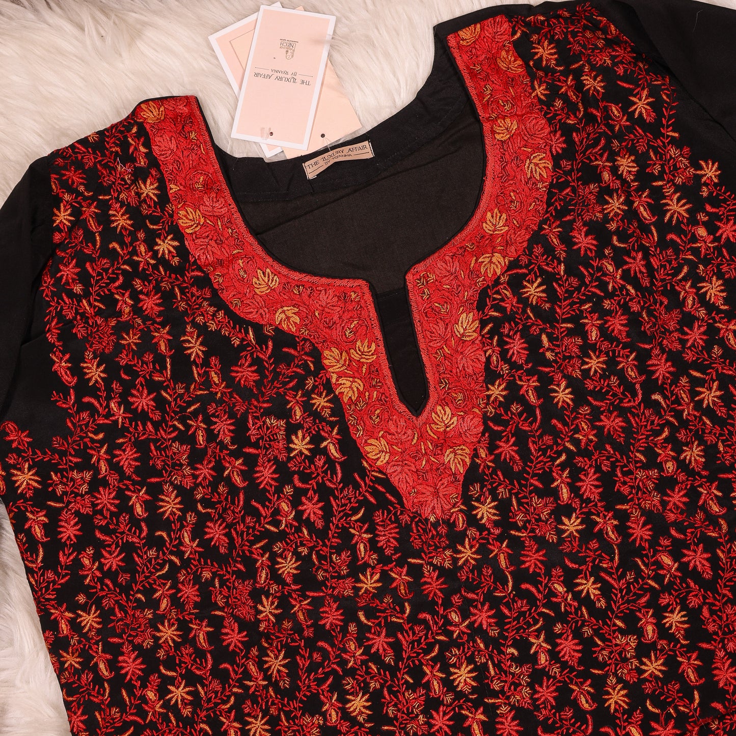 Black and Red Pure Crepe Pashmina Haath Kadhai Suit With Full Jaal