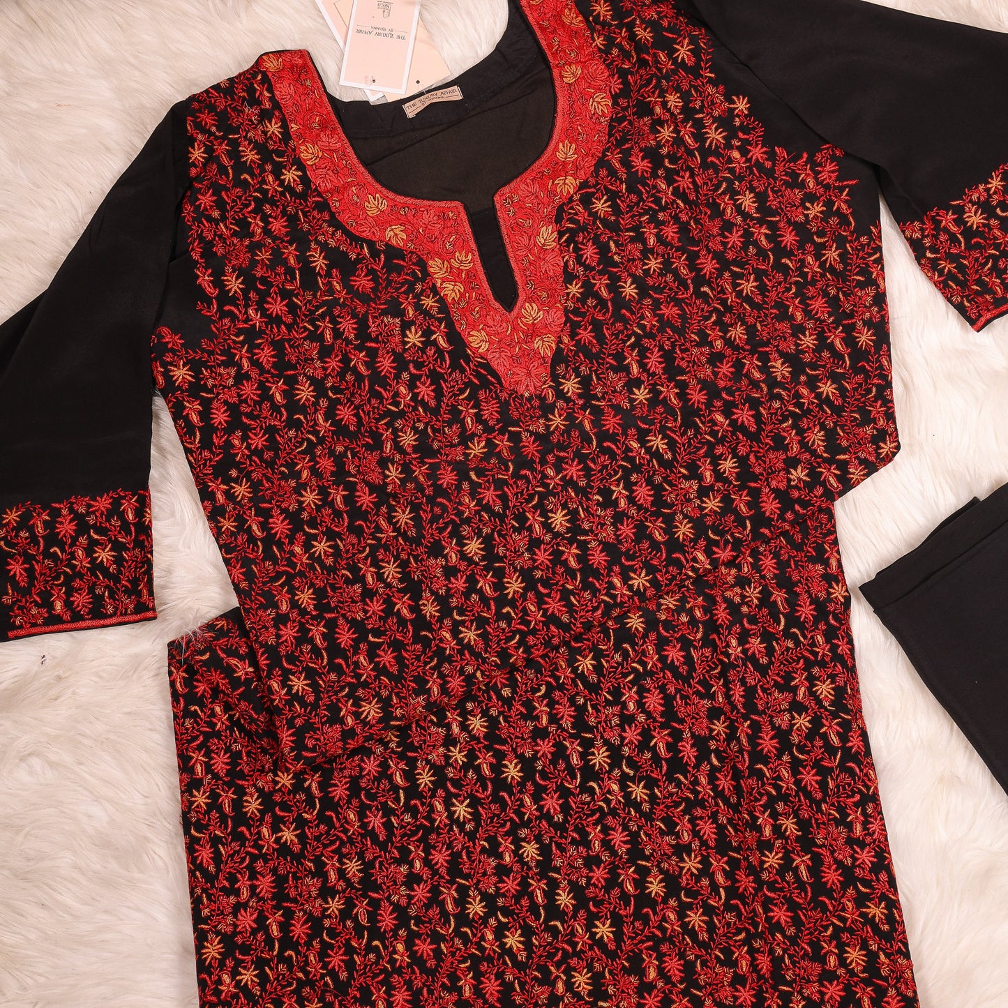 Black and Red Pure Crepe Pashmina Haath Kadhai Suit With Full Jaal