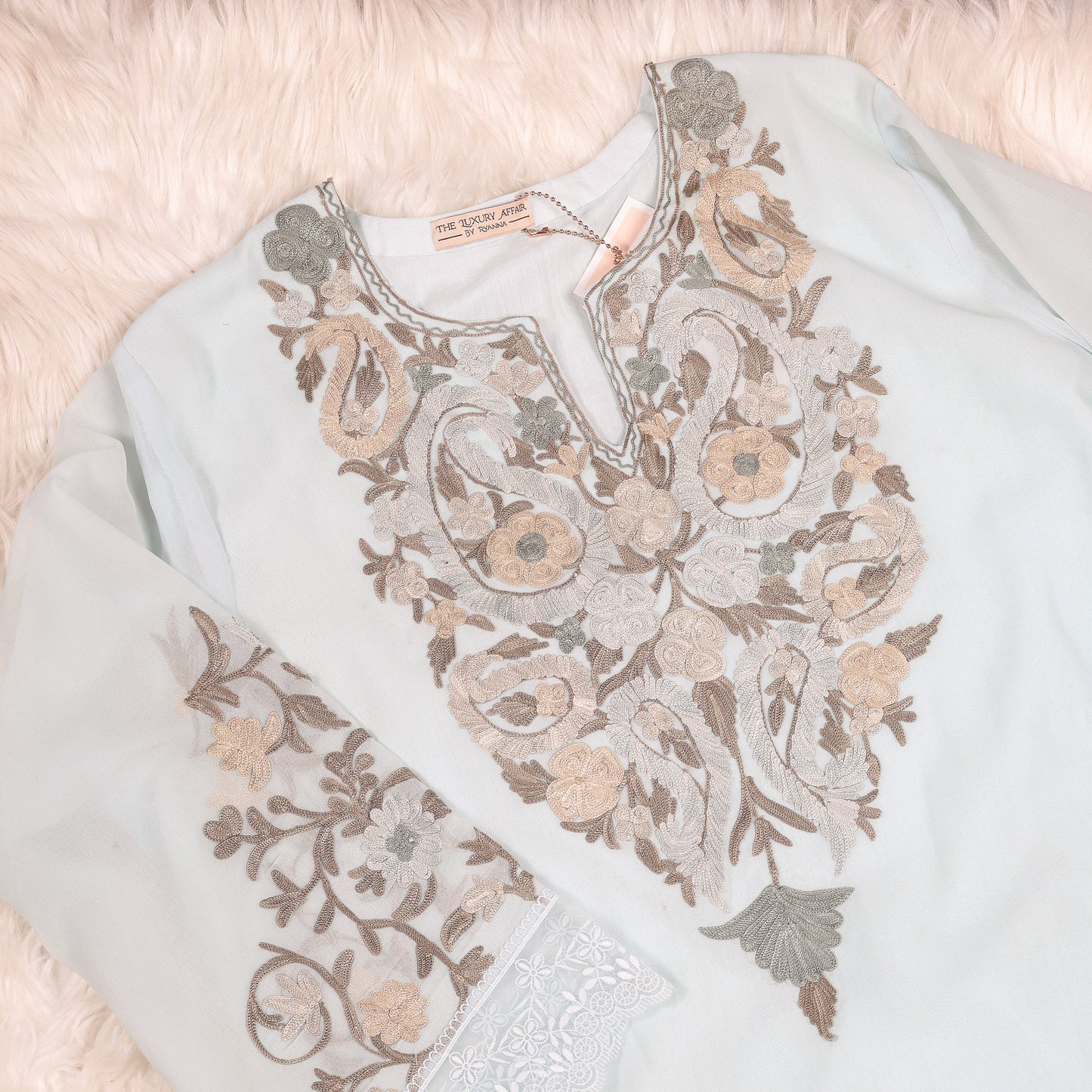 Pure Georgette Sky Blue Kashmiri Aari Work Suit With Full Jaal Heavy Dupatta