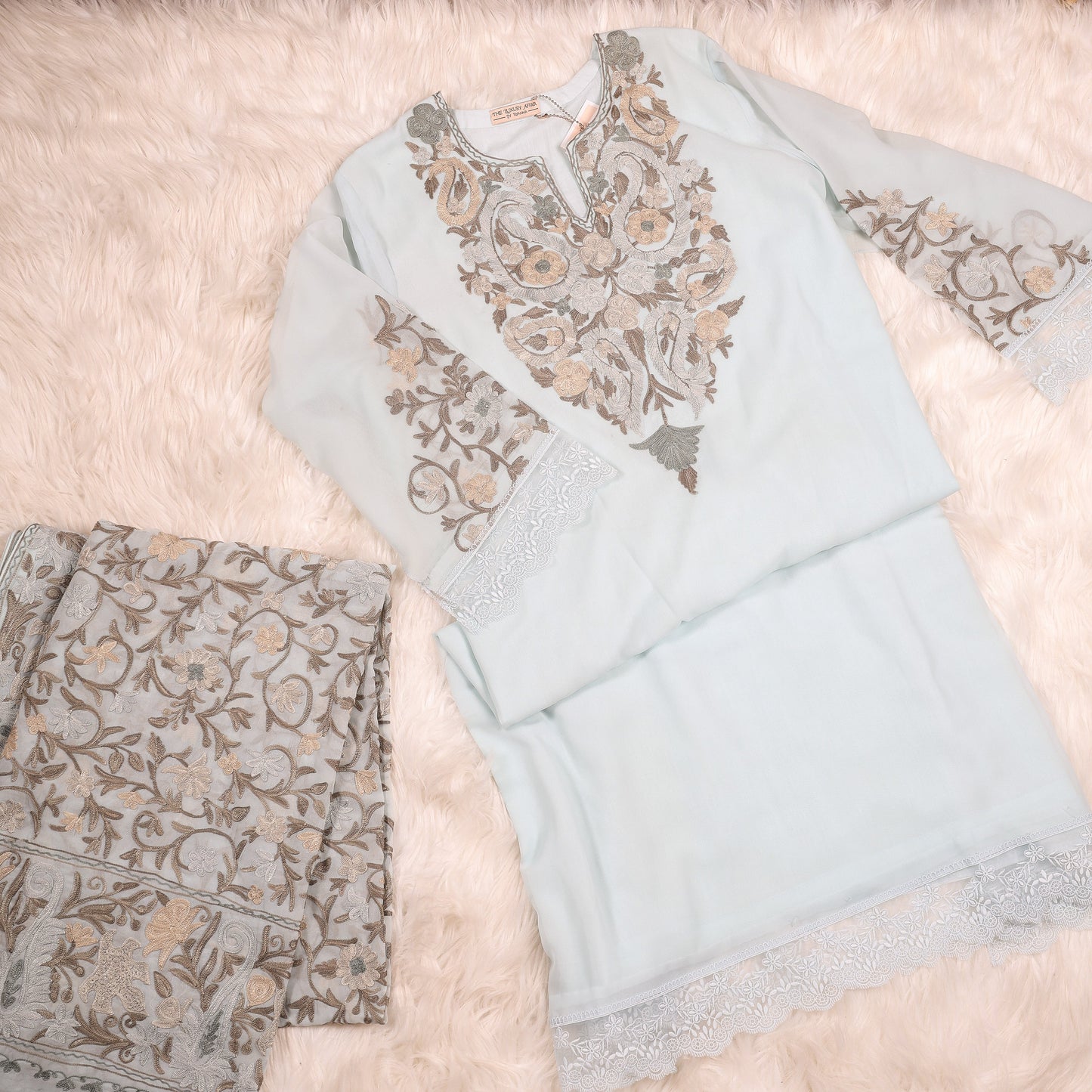 Pure Georgette Sky Blue Kashmiri Aari Work Suit With Full Jaal Heavy Dupatta