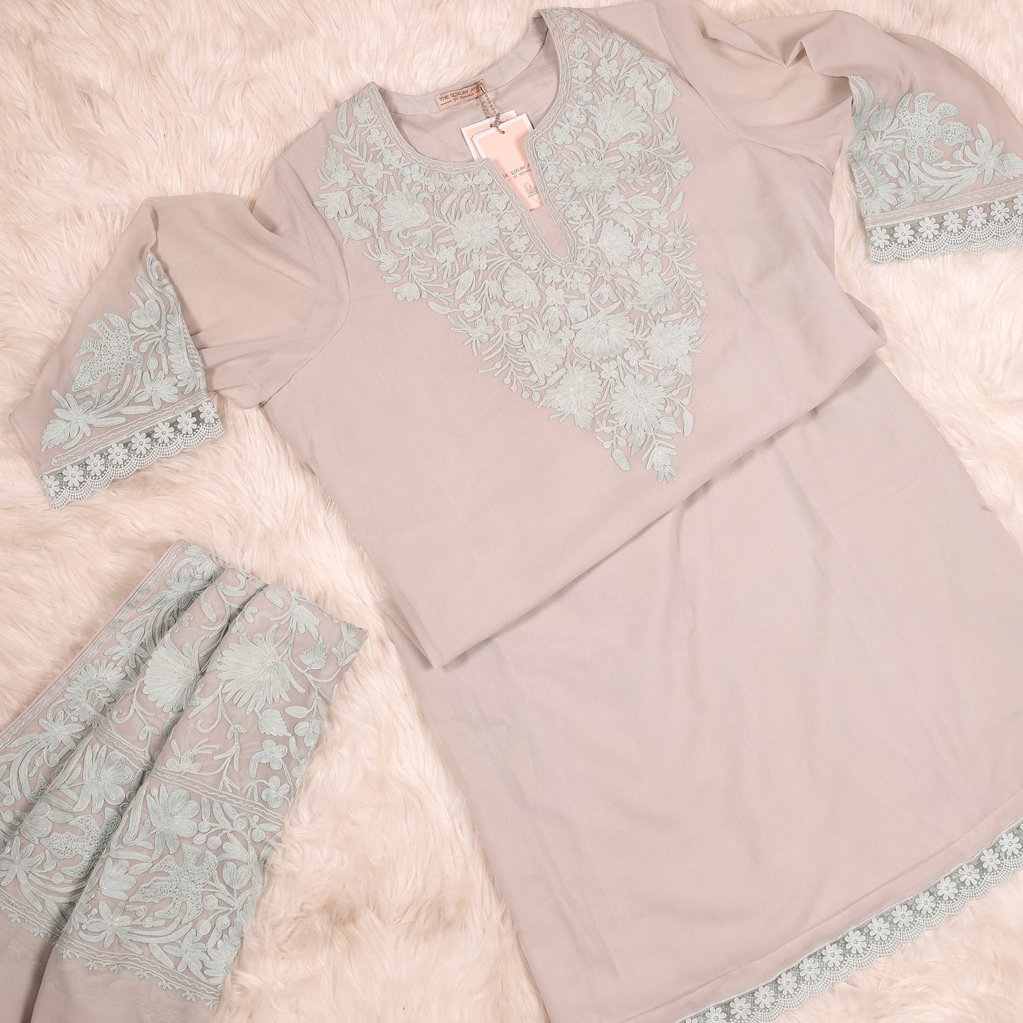 Kashmiri Aari Work Pure Georgette Tonal Sea Blue