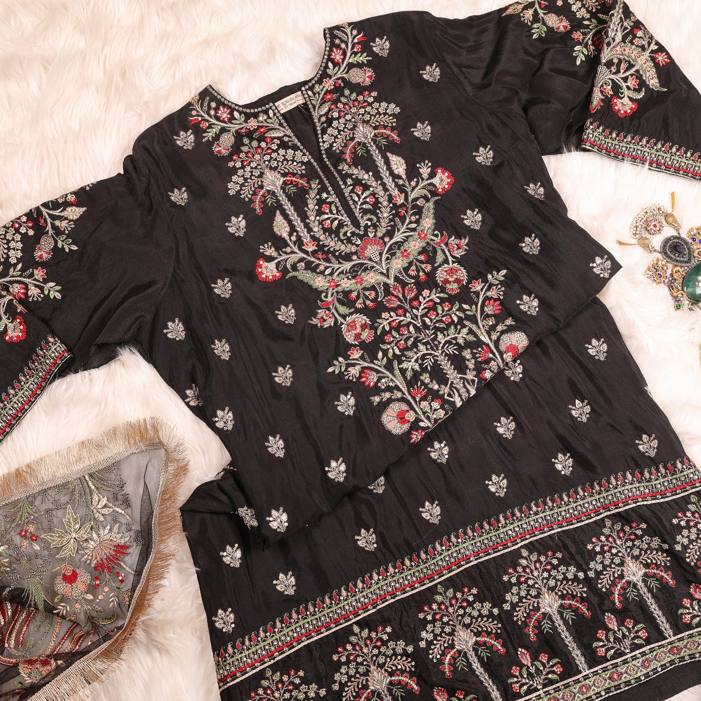 Black Pakistani Embellished Suit With Heavy Dupatta