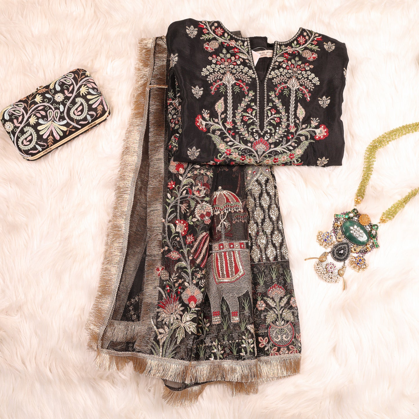 Black Pakistani Embellished Suit With Heavy Dupatta