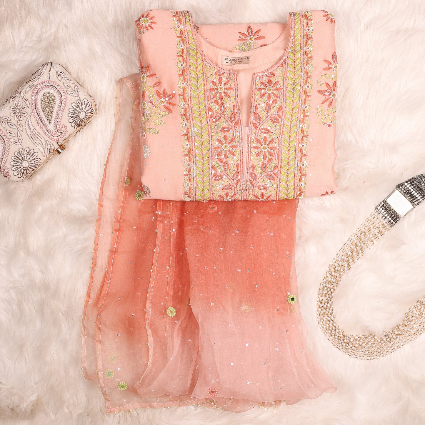 Peach Chanderi Chikankari