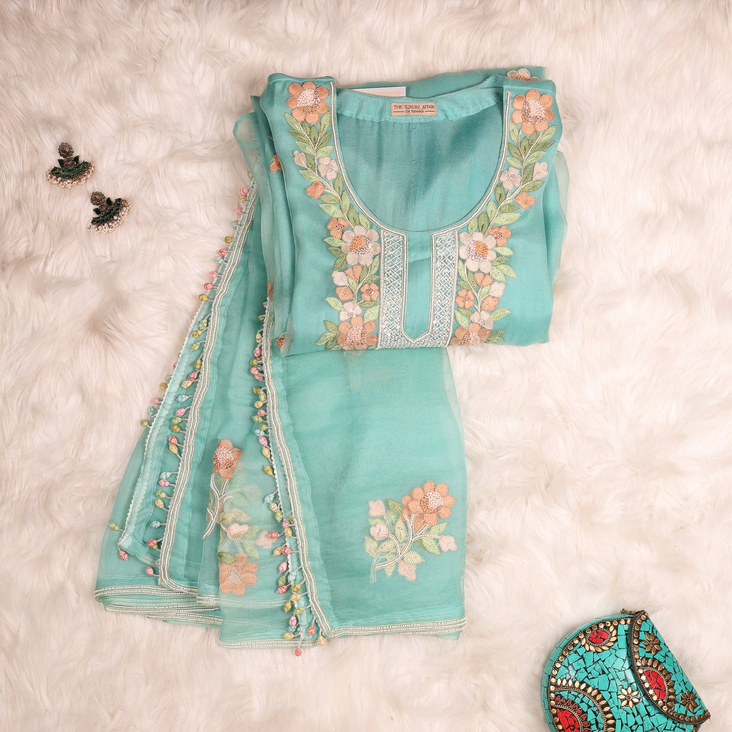 Turquoise Organza Fully Embellished Suit