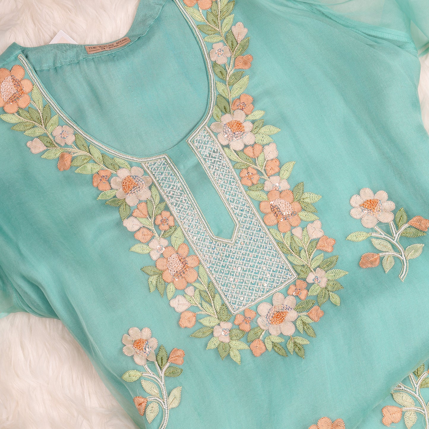Turquoise Organza Fully Embellished Suit