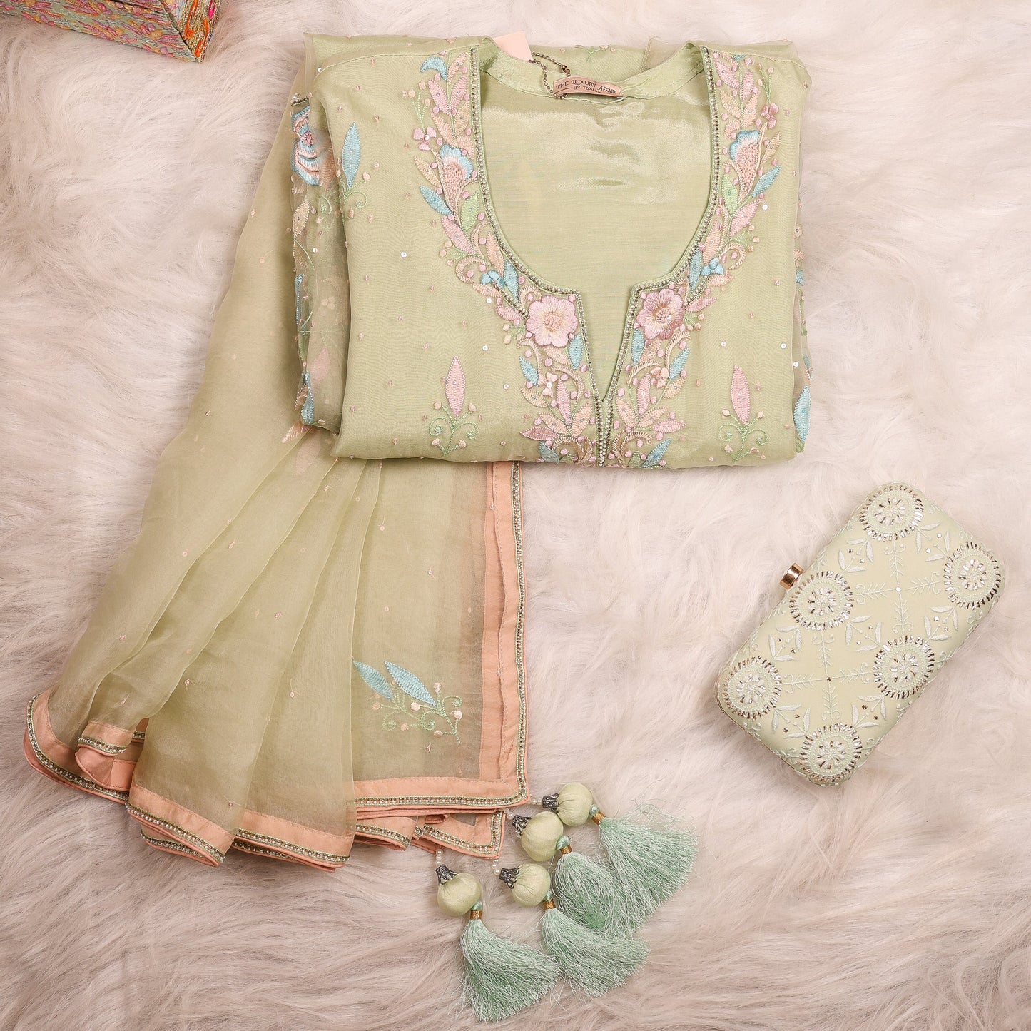 Sea Green Organza Parsi Gara Chikankari Suit