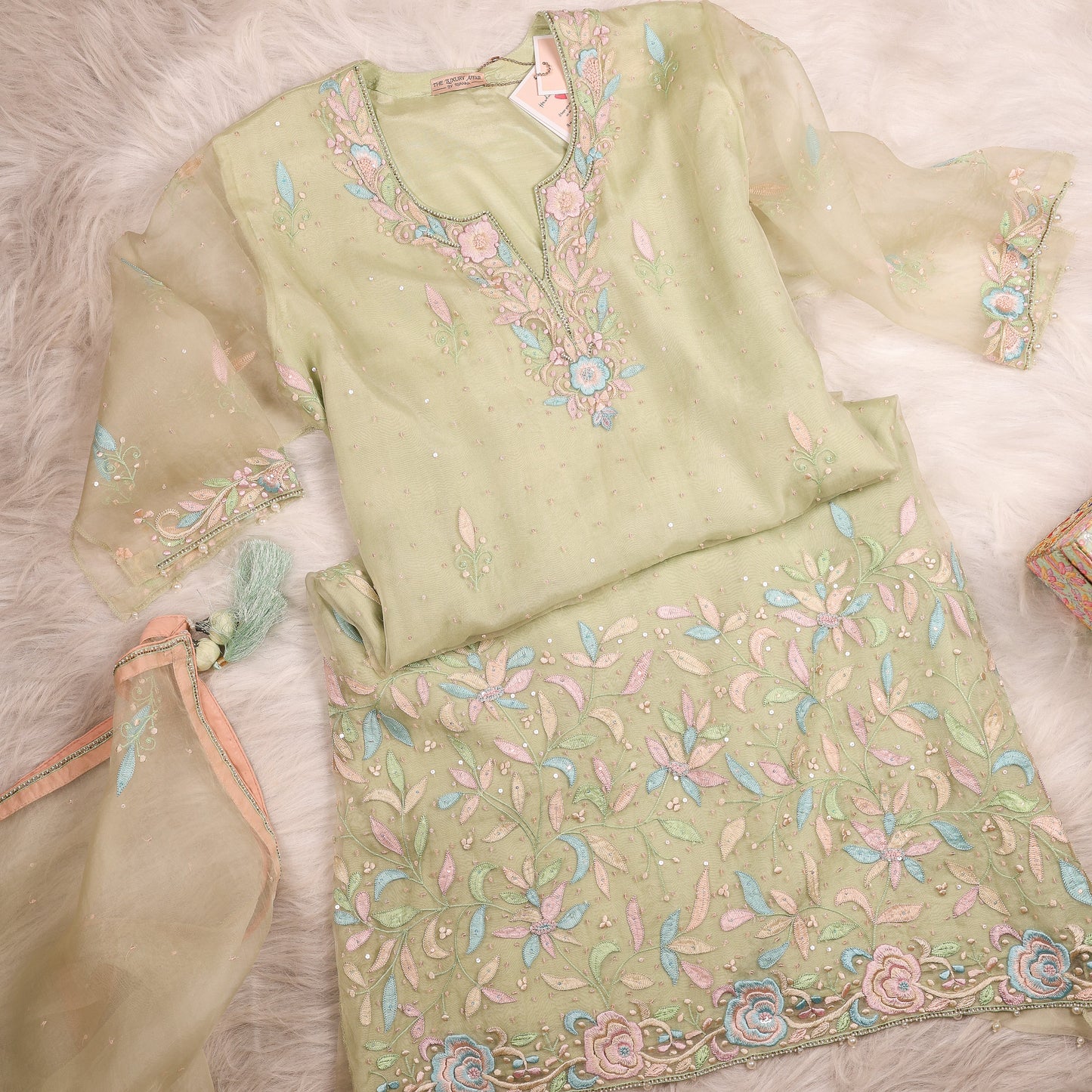 Sea Green Organza Parsi Gara Chikankari Suit