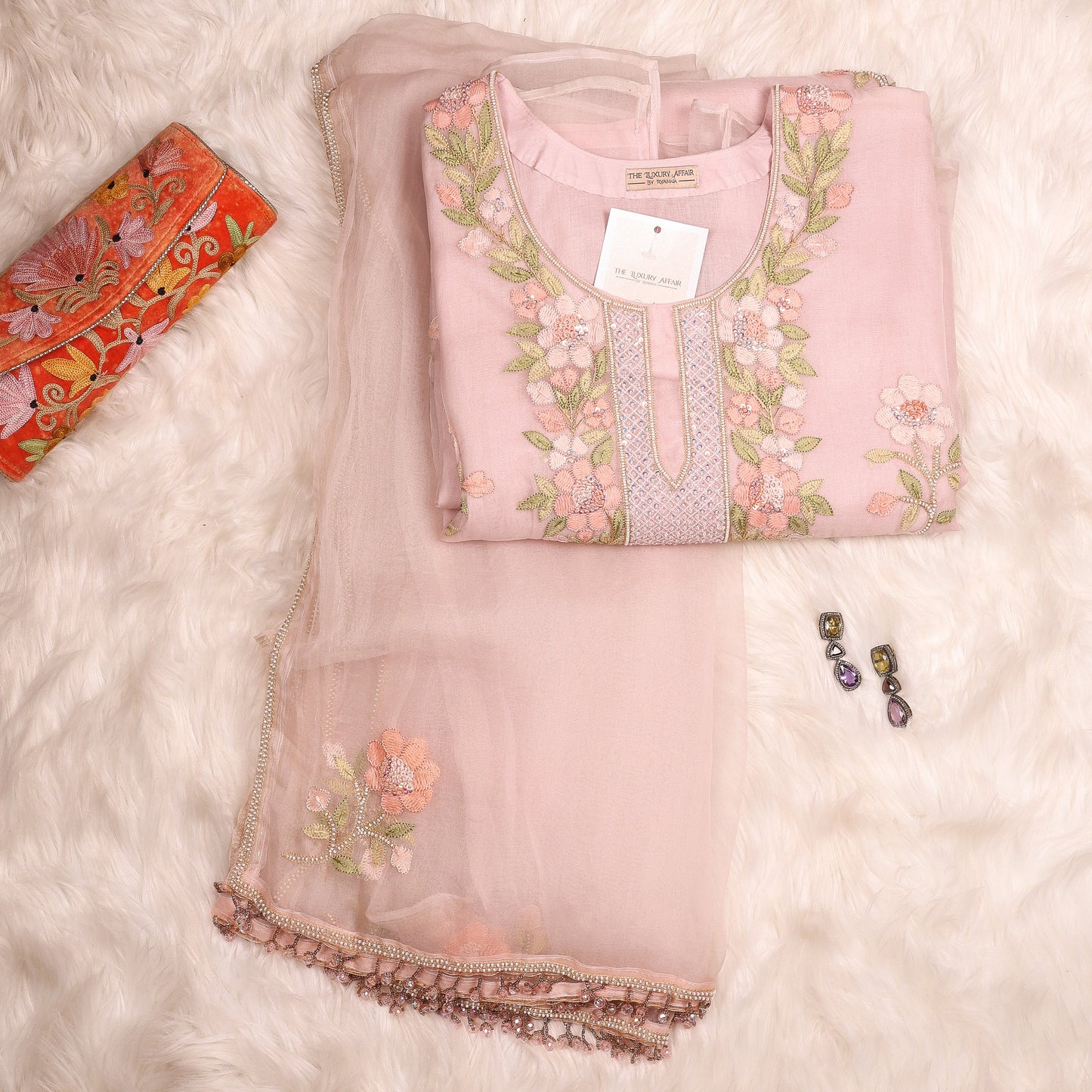 Pale Pink Organza Parsi Gara Chikankari Suit