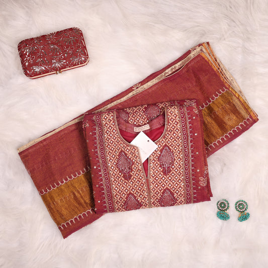 Rust and Gold Chanderi Mul Tissue Fully Embellished Suit