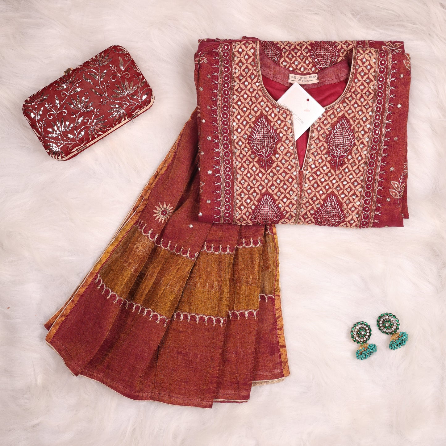 Rust and Gold Chanderi Mul Tissue Fully Embellished Suit