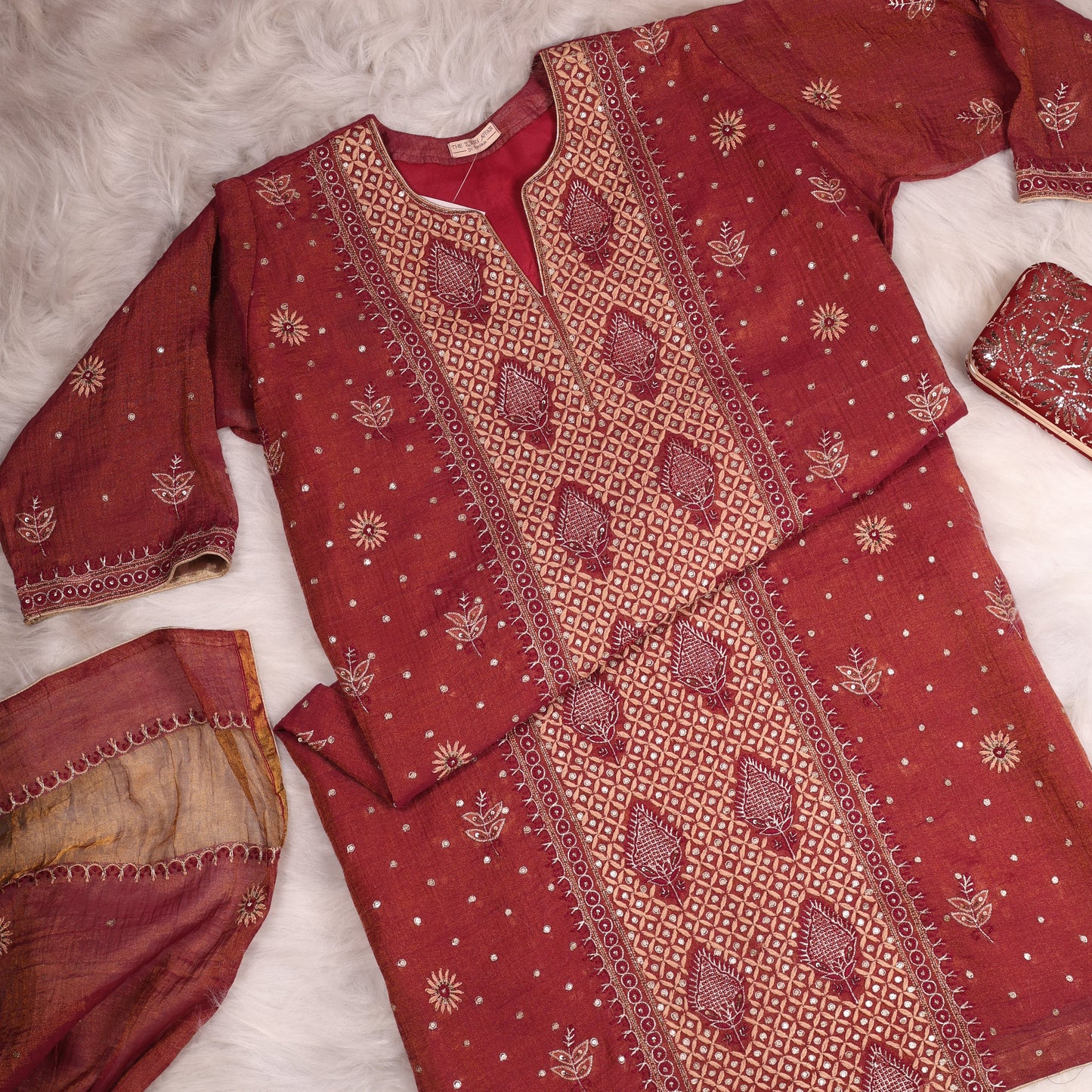 Rust and Gold Chanderi Mul Tissue Fully Embellished Suit