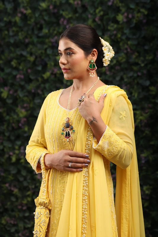 Sunshine Yellow full Pearl Work Chikankari Anarkali Gown