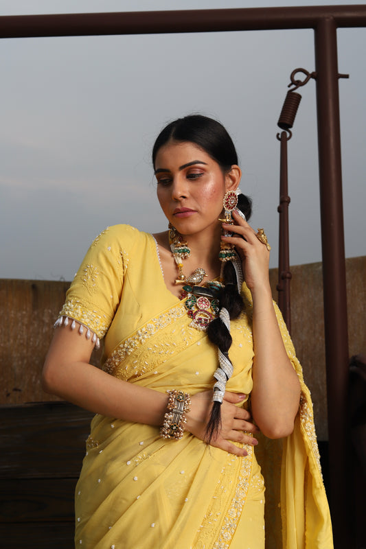 Sunshine Yellow Pure Georgette Pearl Embellished Chikankari Saree