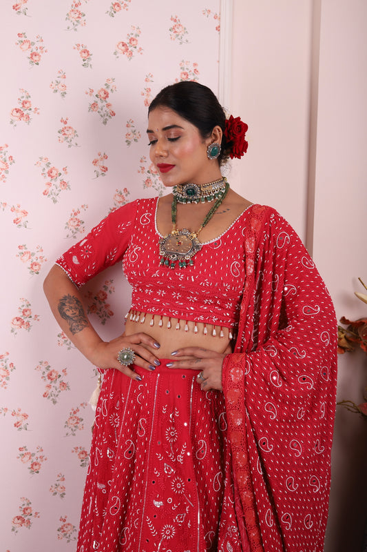Red and Pearl Chikankari Pure Georgette Lehenga