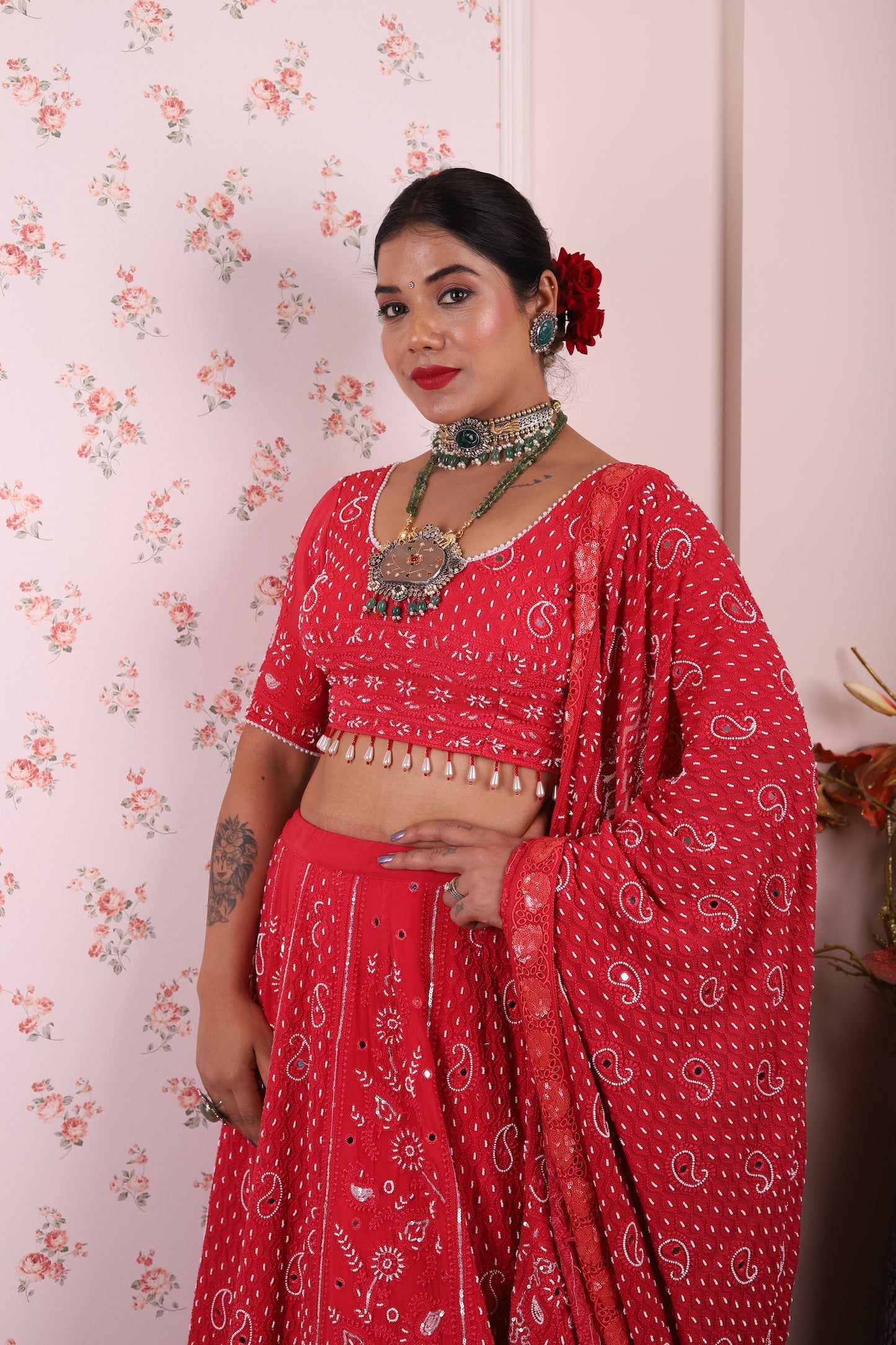 Red and Pearl Chikankari Pure Georgette Lehenga
