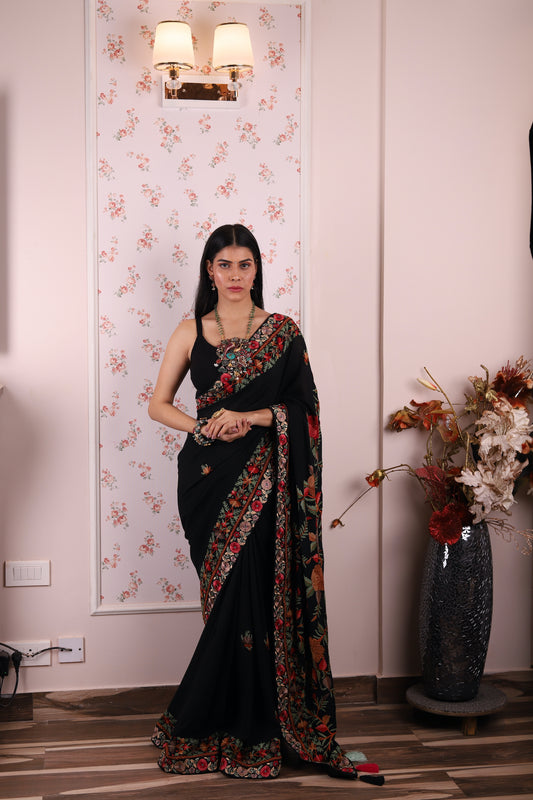 Kashmiri Pure Georgette Kadhai Pallu Border Saree