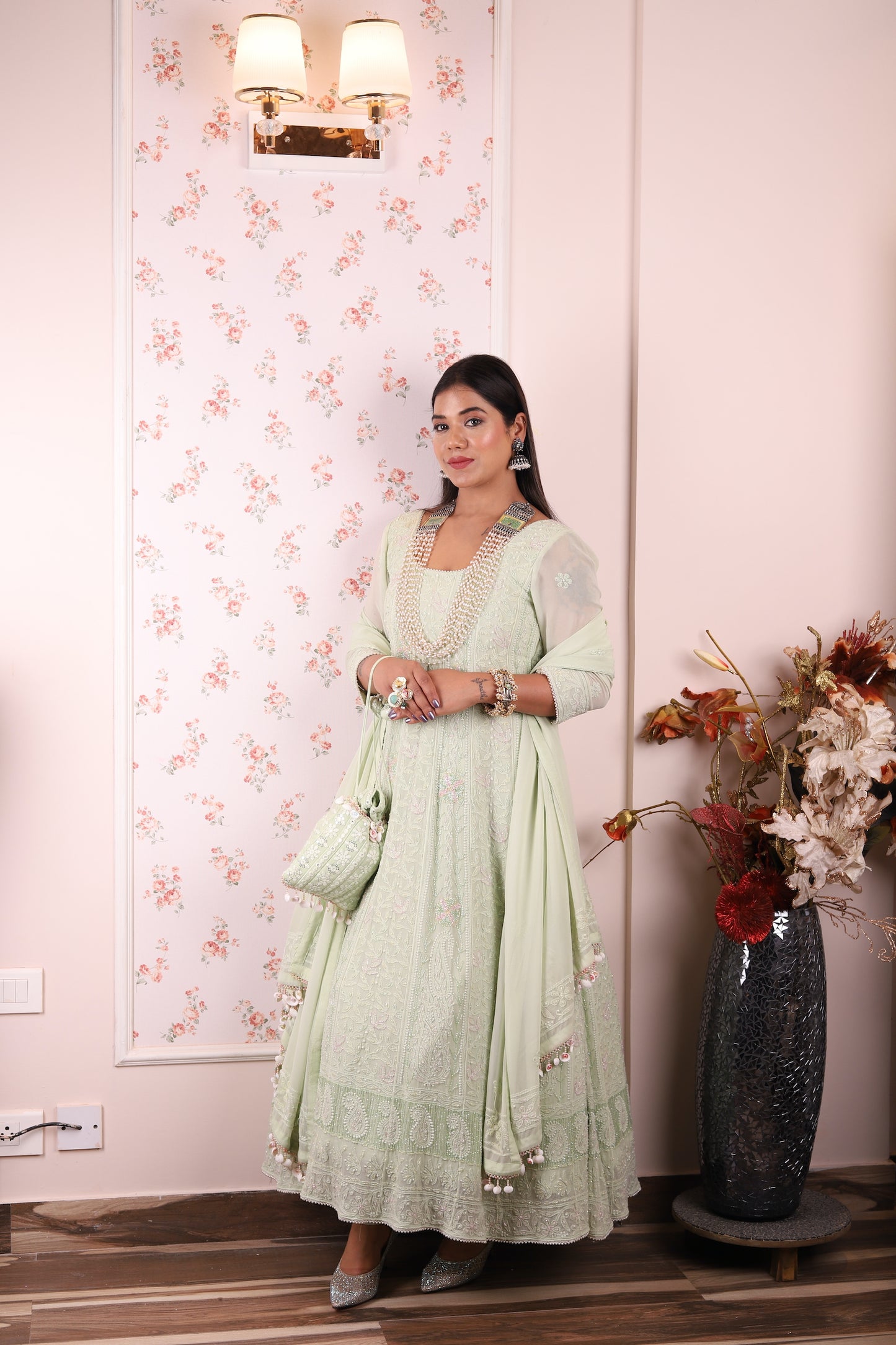 Sea Green Chikankari Anarkali Fully Embellished Gown