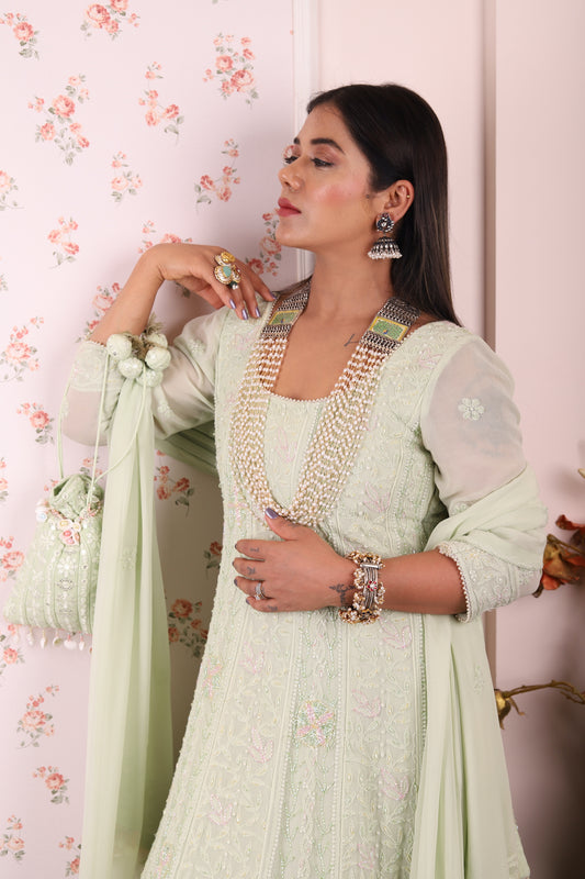 Sea Green Chikankari Anarkali Fully Embellished Gown