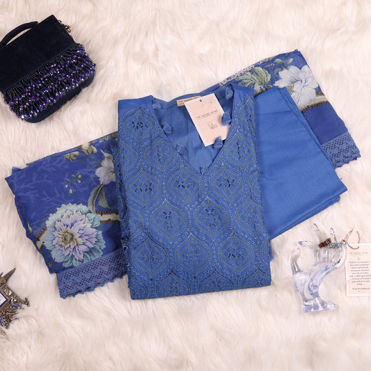 Royal Blue Pakistani Suit in Lawn Fabric
