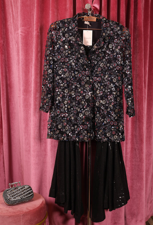 Black and Multistone Coat with Flared Pants