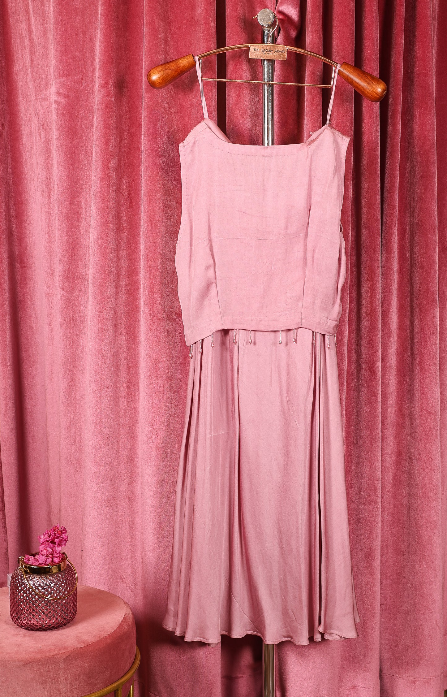 Pink Sequins Pleated Skirt with Cape