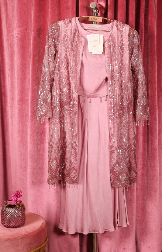 Pink Sequins Pleated Skirt with Cape