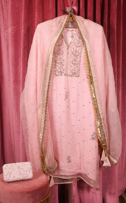 Baby Pink Organza Pita Work Suit