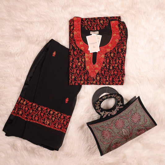 Black and Red Pure Crepe Pashmina Haath Kadhai Suit With Full Jaal
