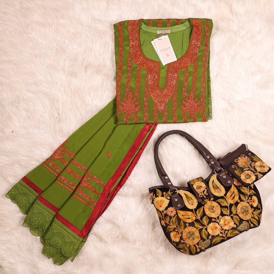 Mehendi Green Fine Pashmina Full Haath Kadhai