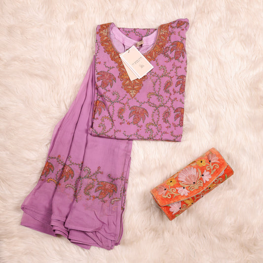 Mauve Pure Crepe Pashmina Haath Kadhai Work Suit