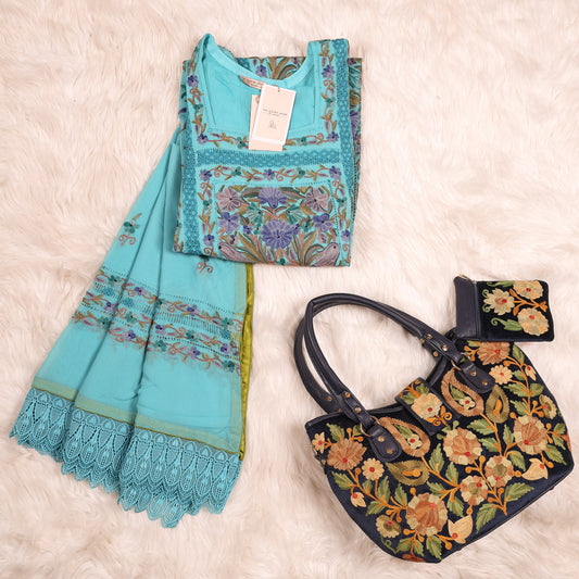 Turqoise Kashmiri Semi Stitched  Pure Crepe