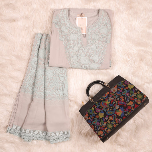 Kashmiri Aari Work Pure Georgette Tonal Sea Blue