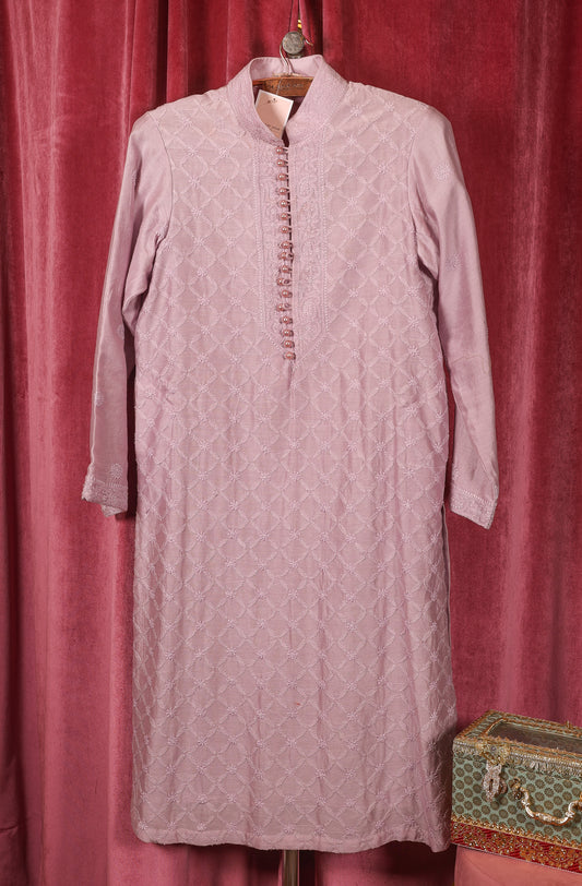 Men Stitched Chanderi Silk  Pink kurta Set