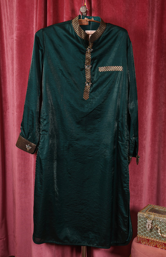 Men Kurta Set Tissue Emerald Green With Brocade