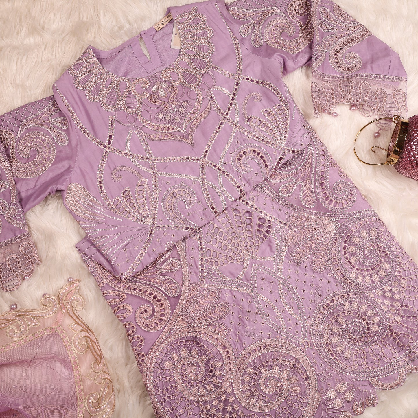 Lilac Pakistani Lawn Suit With Cutwork