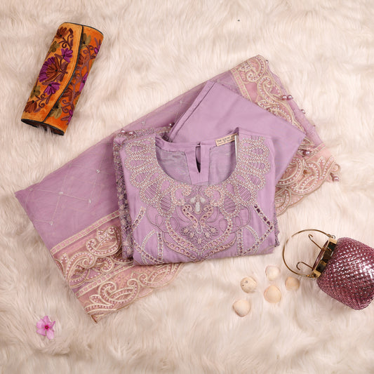 Lilac Pakistani Lawn Suit With Cutwork