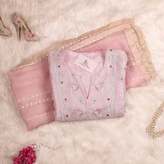 Pure Organza Baby Pink Fully Embroidery and Embellished Chikankari Front and Back Suit With Heavy Dupatta