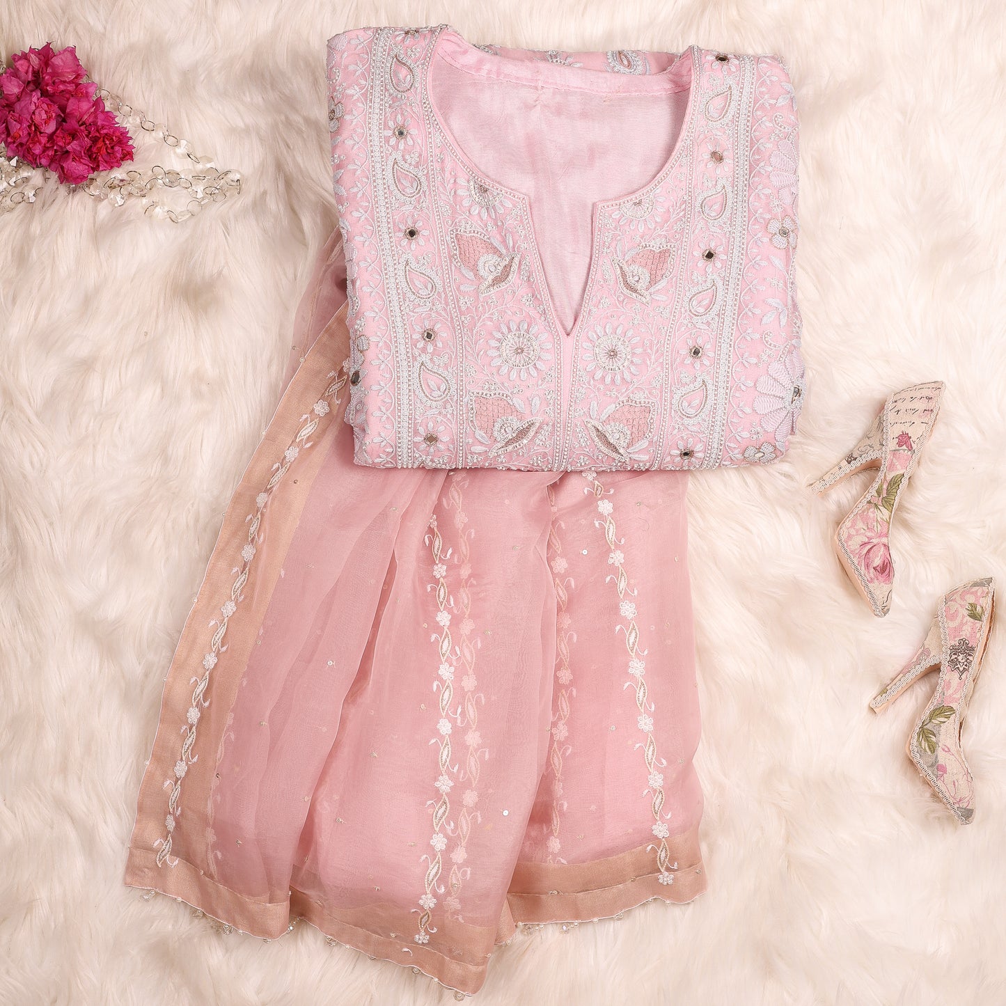 Pure Organza Baby Pink Fully Embroidery and Embellished Chikankari Front and Back Suit With Heavy Dupatta