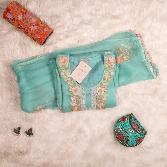 Turquoise Organza Fully Embellished Suit