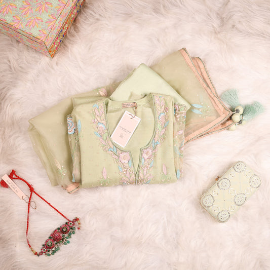 Sea Green Organza Parsi Gara Chikankari Suit