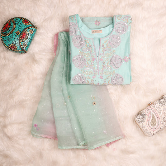 Turquoise and Pink Chanderi Suit