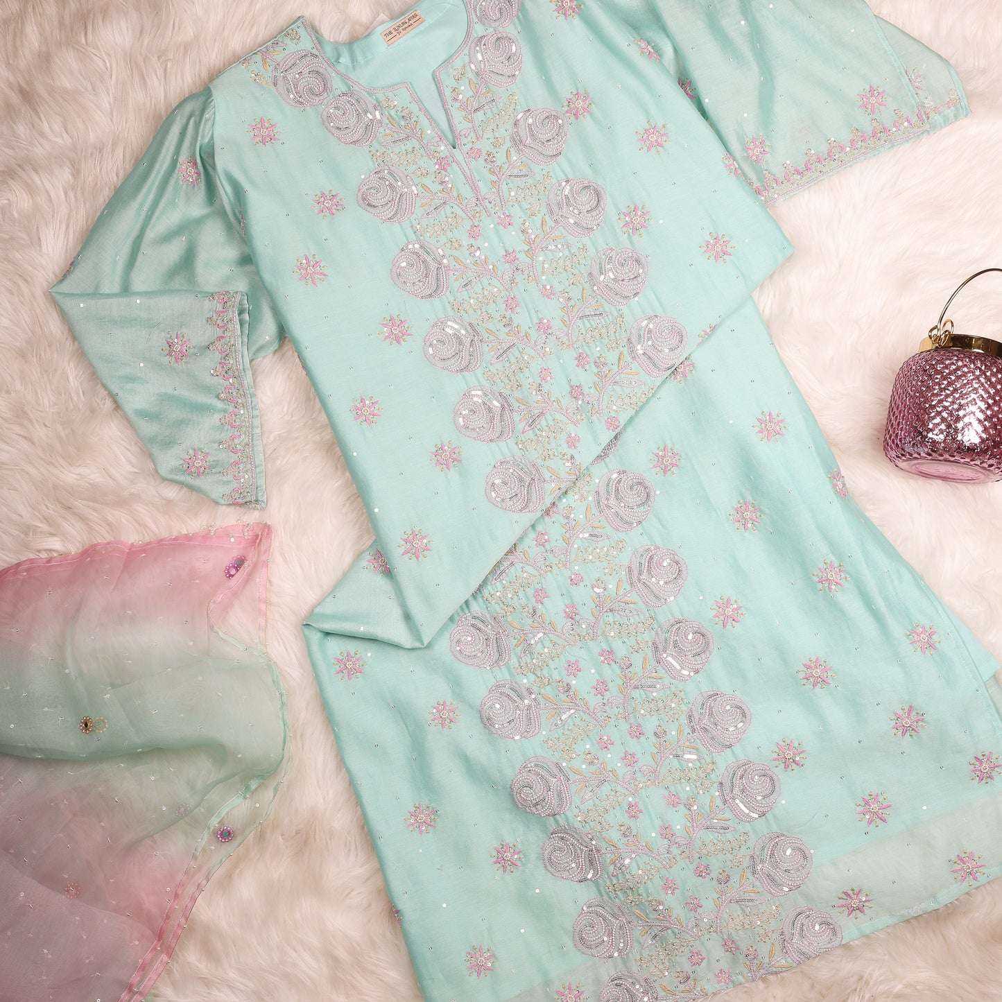 Turquoise and Pink Chanderi Suit
